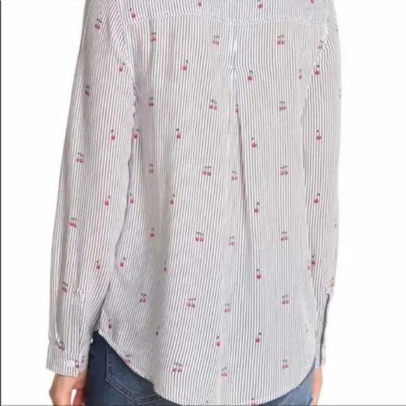 Beachlunchlounge cherry and striped blouse button down size L White black red - Picture 4 of 13